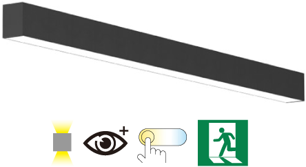 Pragmalux Skyline 1,5m 12,5-44W 1500-5500lm 2CCT 3000-4000K med uplight 12W 1500lm prisme sort RAL9005 + Nødmodul 1 time autotest