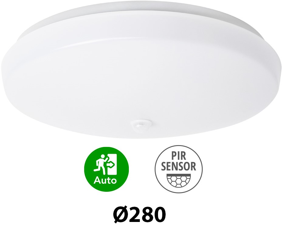 Pragmalux LED Plafond / Vægarmatur Polo G3 IP64 12W 3000K-6000K 3-CCT 1000-1100lm Ø280 (2x18W) +PIR sensor & Nødmodul 3 timer manuel