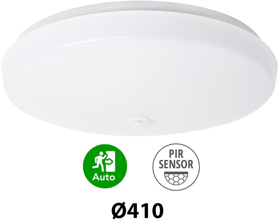Pragmalux LED Plafond / Vægarmatur Polo G3 IP64 22W 3000K-6000K 3-CCT 1950-2150lm Ø410 (1x32W) +PIR sensor & Nødmodul 3 timer manuel