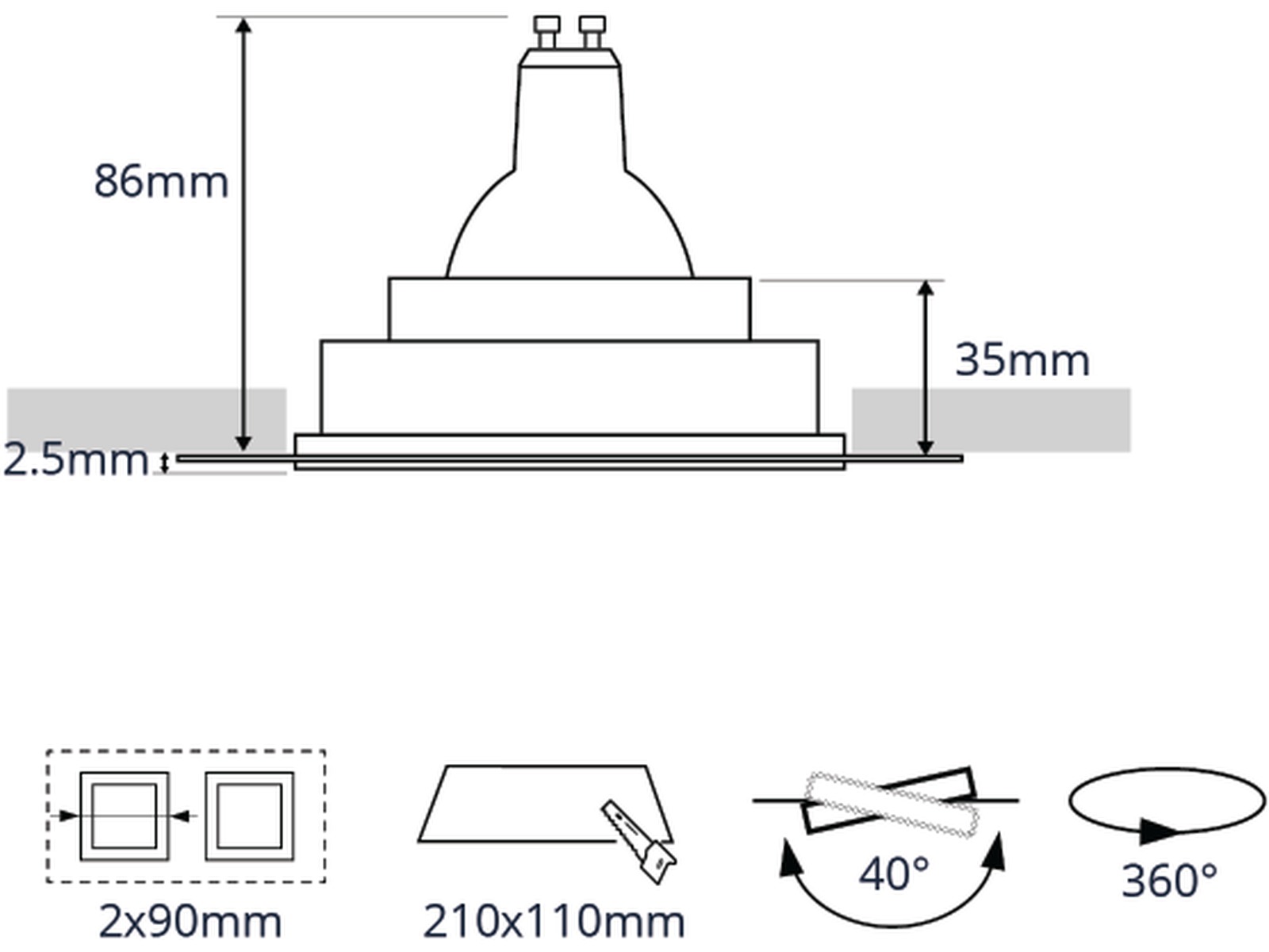 Pragmalux indbygget spot Navis trimmless firkantet 2SP tiltbar hvid RAL9003 - inkl. GU10 fitting