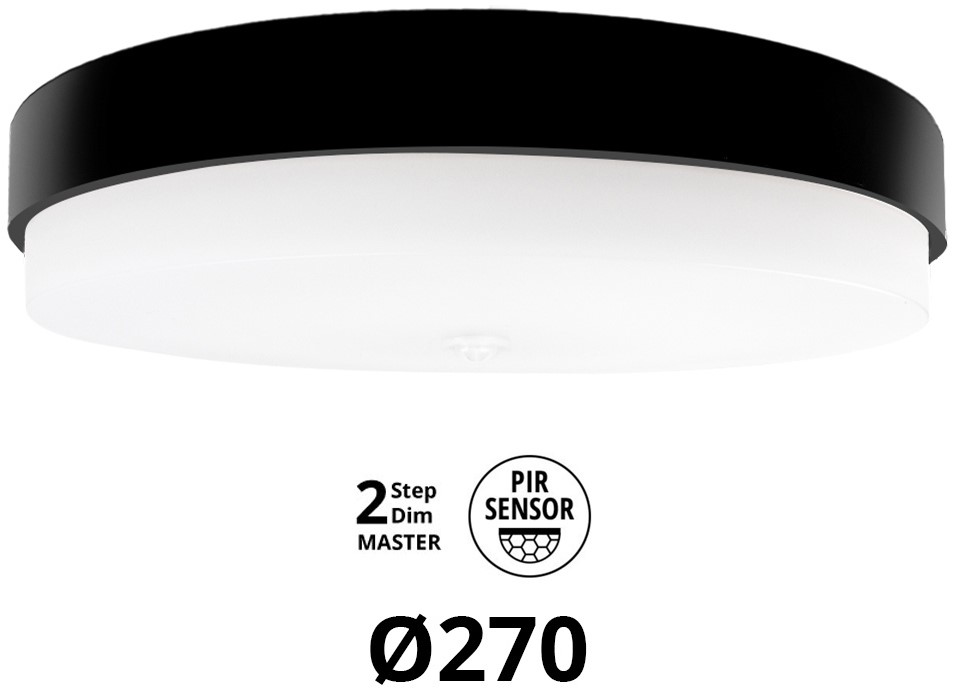 Pragmalux LED Plafond / Vægarmatur Dura-S Sort Ø270 IP64 IK10 4-9W 450-1100lm 3000K-3500K-4000K 3-CCT 2-trindæmpning (100-10%) master + PIR Sensor