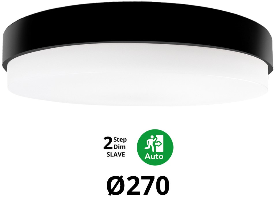 Pragmalux LED Plafond / Vægarmatur Dura-S Sort Ø270 IP64 IK10 4-9W 450-1100lm 3000K-3500K-4000K 3-CCT 2-trindæmpning (100-10%) slave = ingen sensor & nødmodul 1 time selvtest