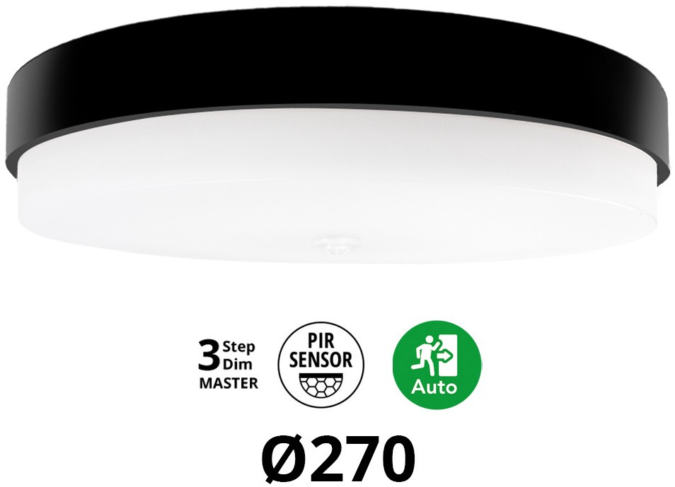 Pragmalux LED Plafond / Vægarmatur Dura-S Sort Ø270 IP64 IK10 4-9W 450-1100lm 3000K-3500K-4000K 3-CCT 3-trindæmpning (100-10%) master + PIR Sensor & nødmodul 1 time selvtest