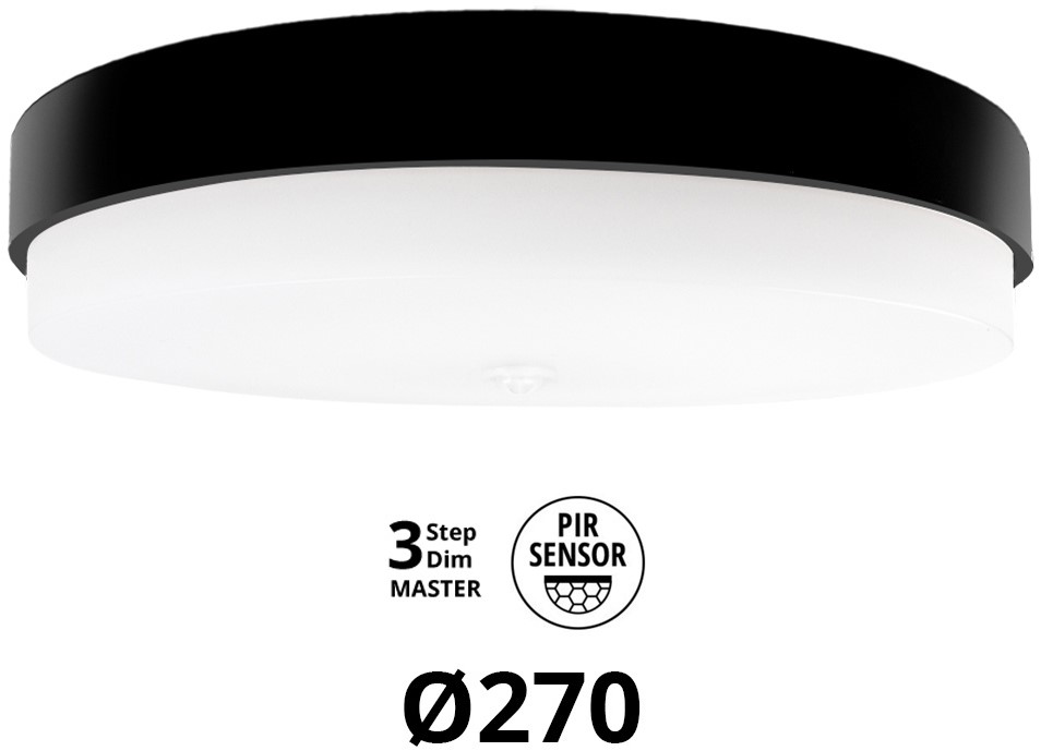 Pragmalux LED Plafond / Vægarmatur Dura-S Sort Ø270 IP64 IK10 4-9W 450-1100lm 3000K-3500K-4000K 3-CCT 3-trindæmpning (100-10%) master + PIR Sensor