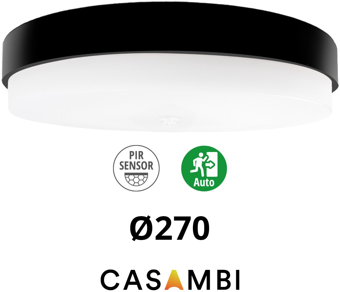 Pragmalux LED Plafond / Vægarmatur Dura-S Sort Ø270 IP64 IK10 maks.9W 1050-1100lm 3000K-3500K-4000K 3-CCT + Casambi PIR sensor + nødmodul 1 time autotest