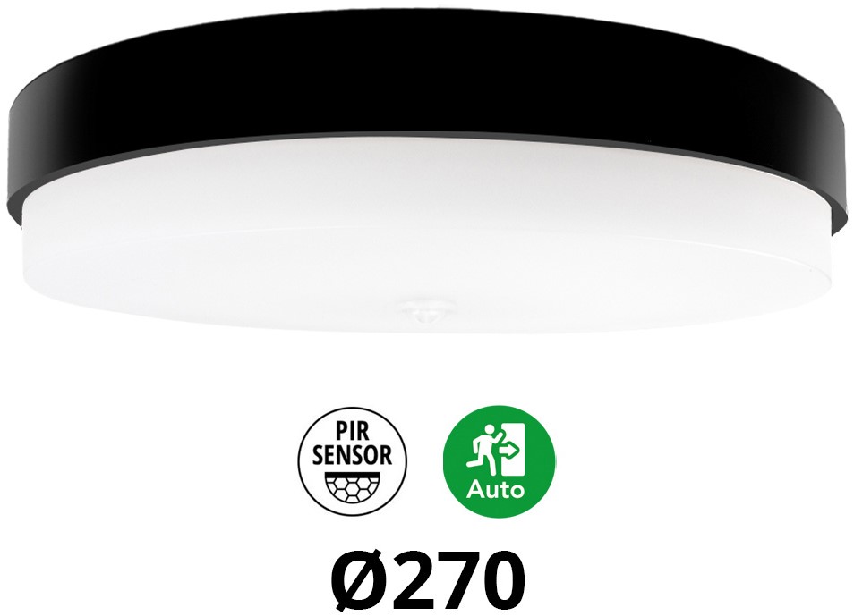 Pragmalux LED Plafond / Vægarmatur Dura-S Sort Ø270 IP64 IK10 4-9W 450-1100lm 3000K-3500K-4000K 3-CCT + PIR sensor + nødmodul 1 time autotest