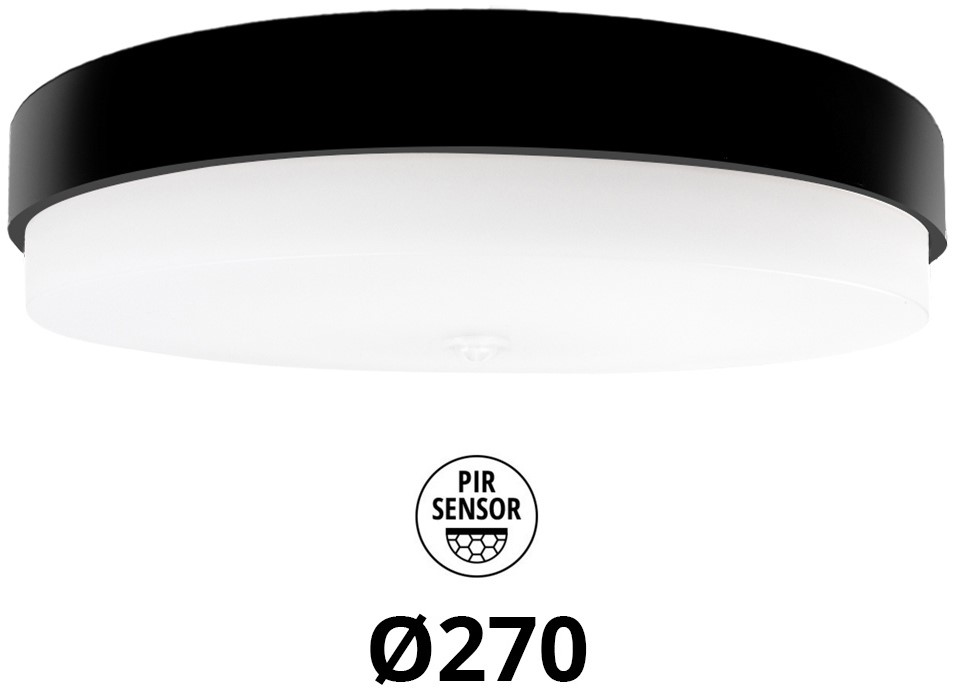 Pragmalux LED Plafond / Vægarmatur Dura-S Sort Ø270 IP64 IK10 4-9W 450-1100lm 3000K-3500K-4000K 3-CCT + PIR sensor
