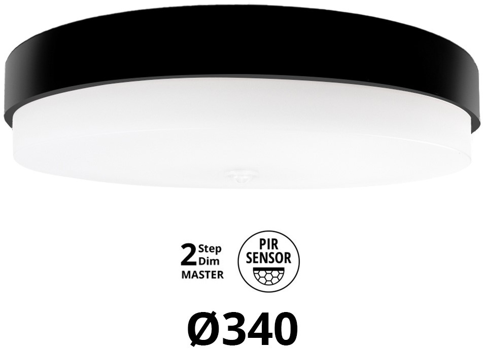 Pragmalux LED Plafond / Vægarmatur Dura-M Sort Ø340 IP64 IK10 8-18W 950-2300lm 3000K-3500K-4000K 3-CCT 2-trindæmpning (100-10%) master + PIR Sensor