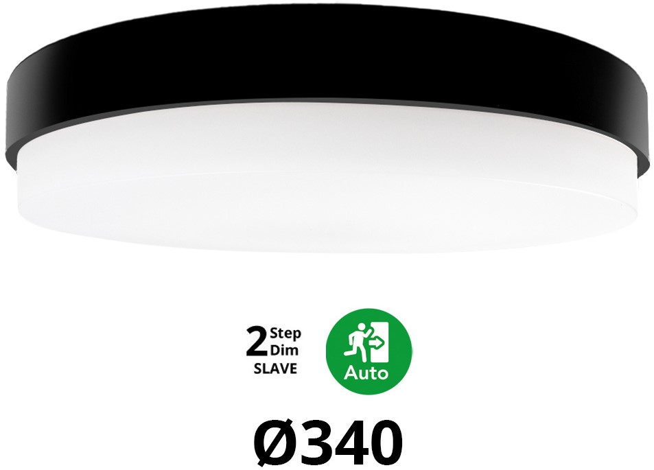 Pragmalux LED Plafond / Vægarmatur Dura-M Sort Ø340 IP64 IK10 8-18W 950-2300lm 3000K-3500K-4000K 3-CCT 2-trindæmpning (100-10%) slave = ingen sensor & nødmodul 1 time selvtest
