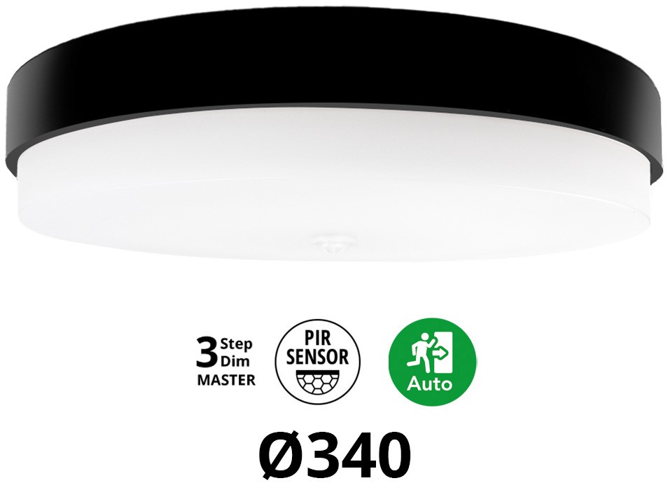 Pragmalux LED Plafond / Vægarmatur Dura-M Sort Ø340 IP64 IK10 8-18W 950-2300lm 3000K-3500K-4000K 3-CCT 3-trindæmpning (100-10%) master + PIR Sensor & nødmodul 1 time selvtest