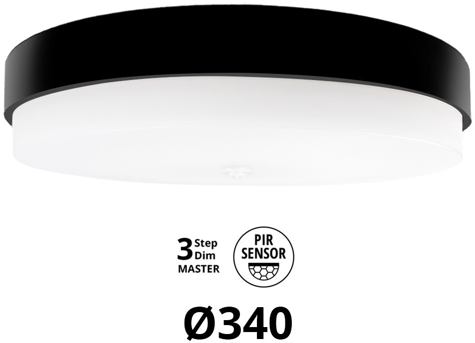 Pragmalux LED Plafond / Vægarmatur Dura-M Sort Ø340 IP64 IK10 8-18W 950-2300lm 3000K-3500K-4000K 3-CCT 3-trindæmpning (100-10%) master + PIR Sensor