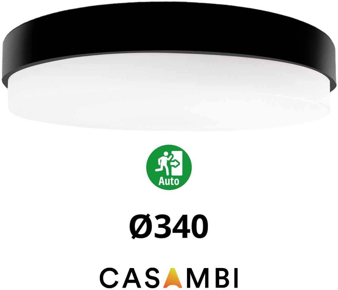 Pragmalux LED Plafond / Vægarmatur Dura-M Sort Ø340 IP64 IK10 maks.18W 2200-2300lm 3000K-3500K-4000K 3-CCT + Casambi driver + nødmodul 1 time autotest