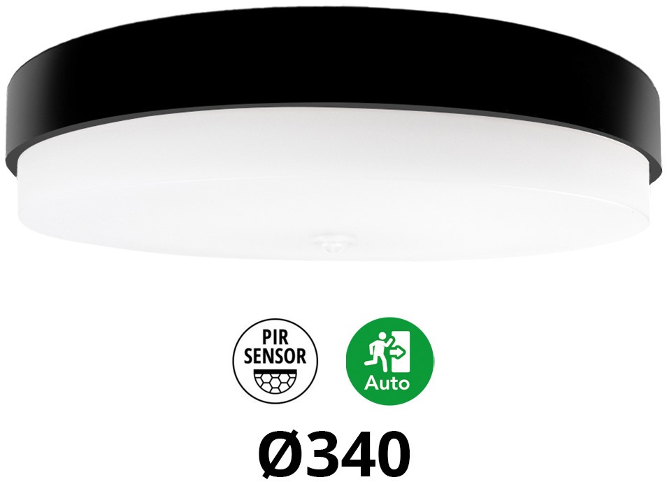 Pragmalux LED Plafond / Vægarmatur Dura-M Sort Ø340 IP64 IK10 8-18W 950-2300lm 3000K-3500K-4000K 3-CCT + PIR sensor + nødmodul 1 time autotest