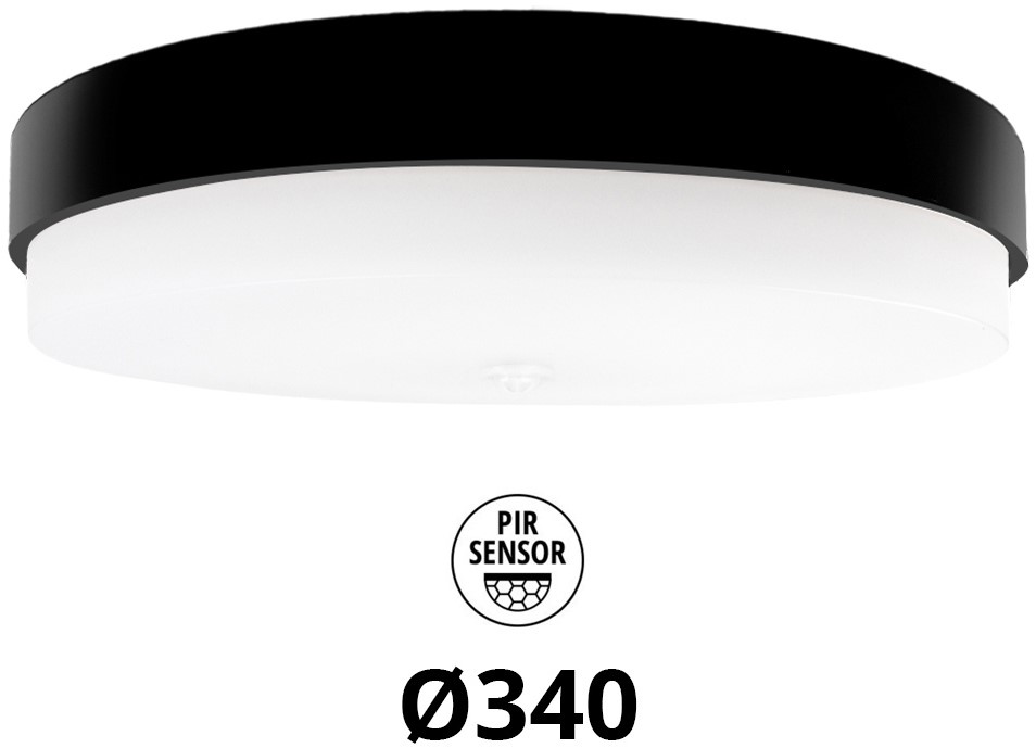 Pragmalux LED Plafond / Vægarmatur Dura-M Sort Ø340 IP64 IK10 8-18W 750-2075lm 2200K-2700K 2-CCT + PIR sensor