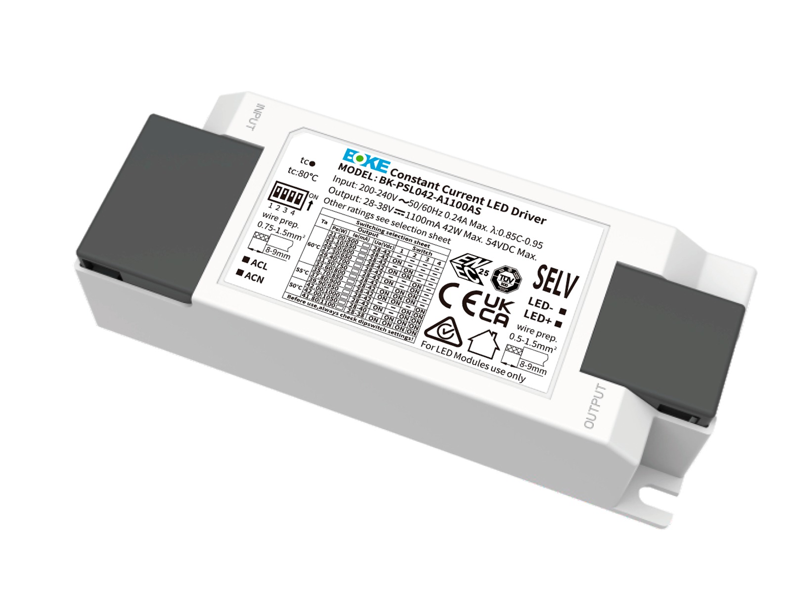 BOKE driver ON/OFF 230V AC/28-42V DC. 500-1100 mA (dip) max 42W