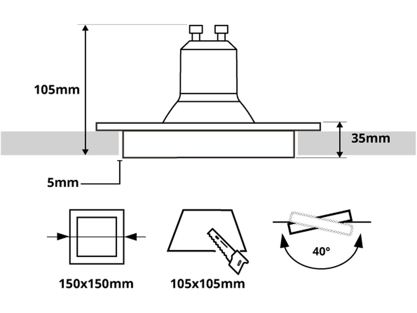 Pragmalux Indbygget Spot Navis Trimless Square Tiltable White RAL9003 - inkl. GU10 Fitting