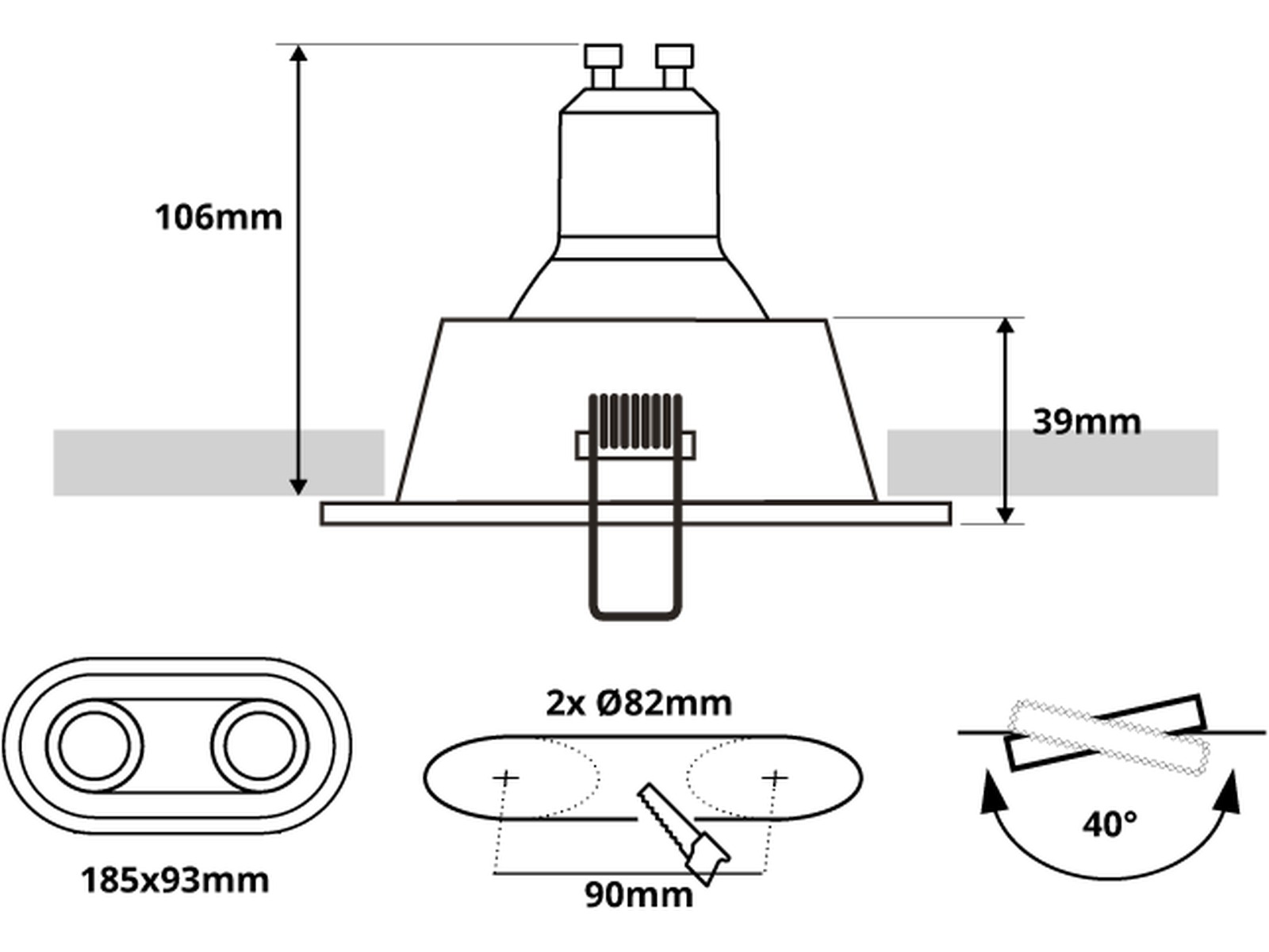 Pragmalux forsænket punkt Zena rund 2V tiltbar sort RAL9004/guld RAL1003 - inkl. GU10 fitting