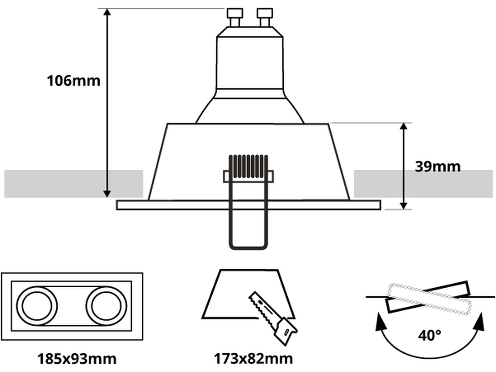 Pragmalux indbygget spot Zena Square 2V tiltable sort RAL9004/guld RAL1003 - inkl. GU10 fitting