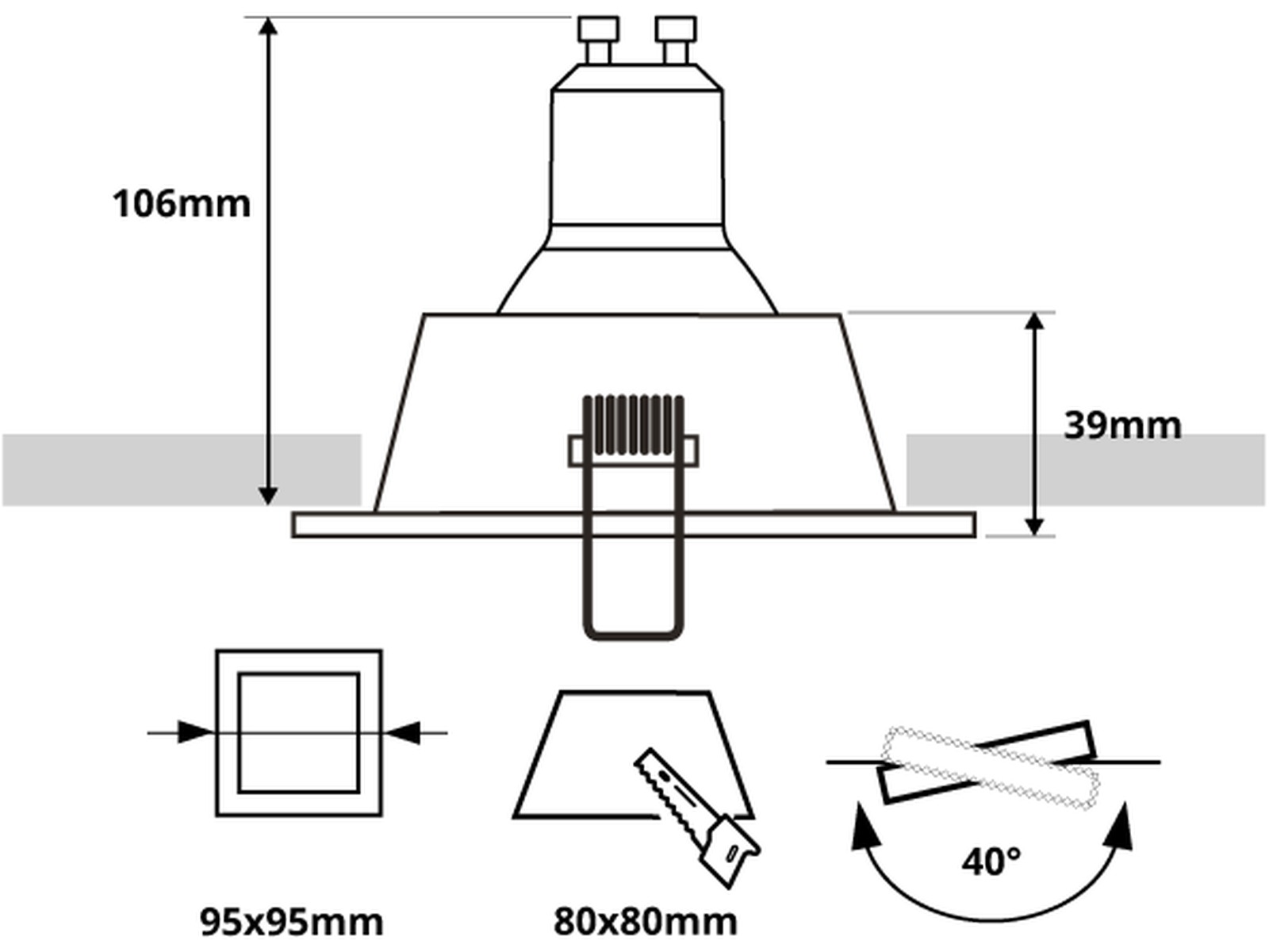 Pragmalux indbygget spot Zena firkantet tiltbar sort RAL9004 - inkl. GU10 fitting