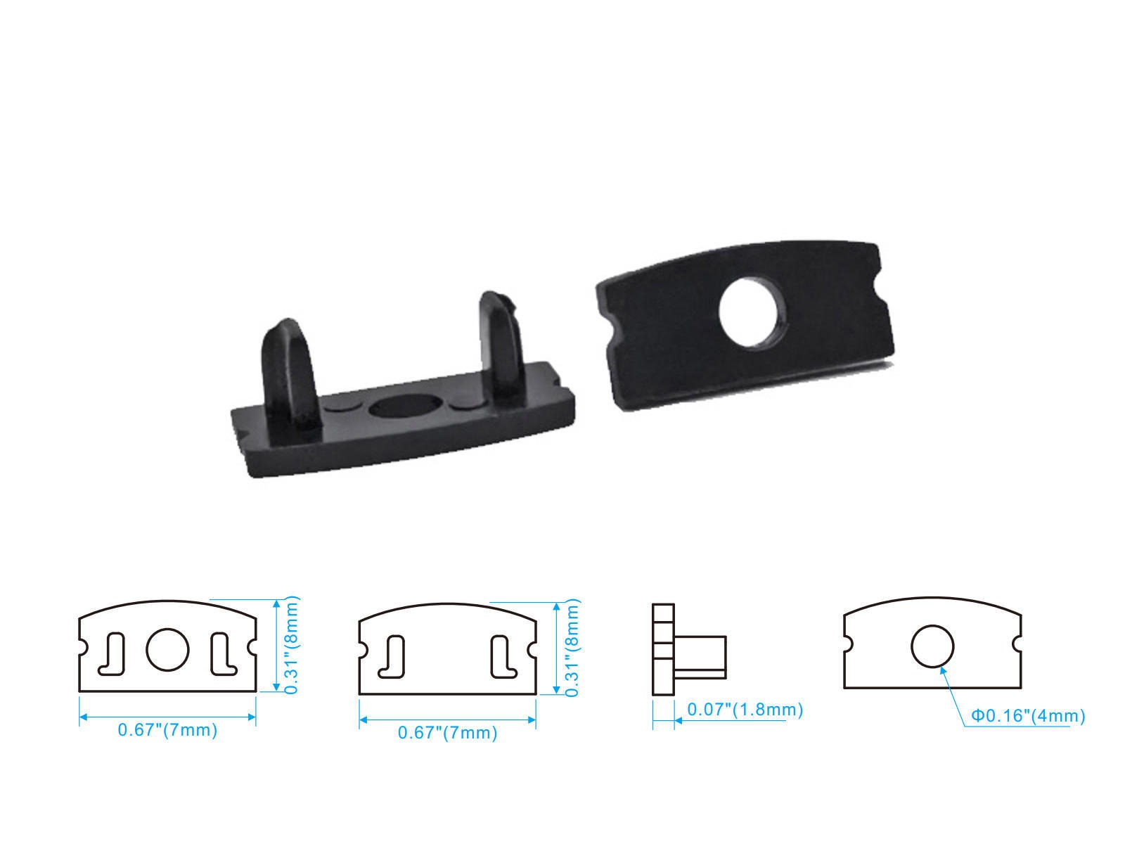 Endestykke-sæt. SORT. for 17x7 mm alu-profil (1 m. hul / 1 uden)