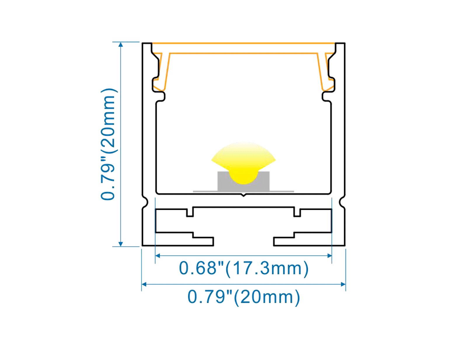 Alu-skinne 20x20 mm. for LED strip. 180 cm. inkl. cover og clips