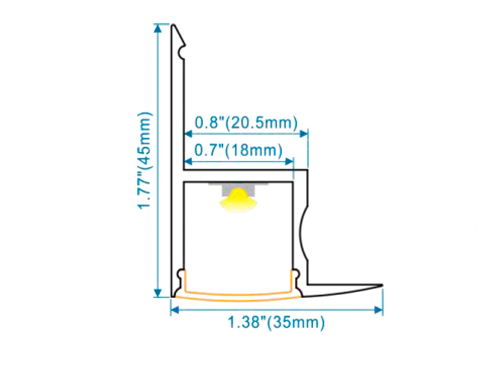 Alu-skinne 35x45 mm. for LED strip. 180 cm. inkl. cover