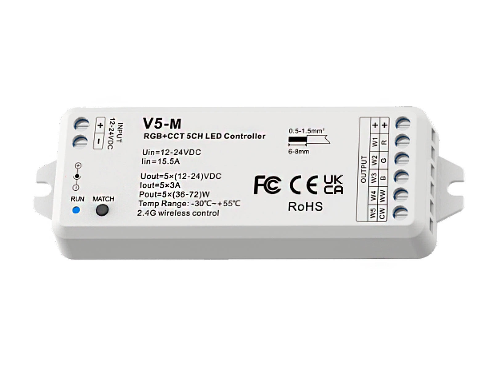 LED dimming controller RF 2.4GHz. 5-kanals (RGBCTA). 12V(180W)/24V(360W)