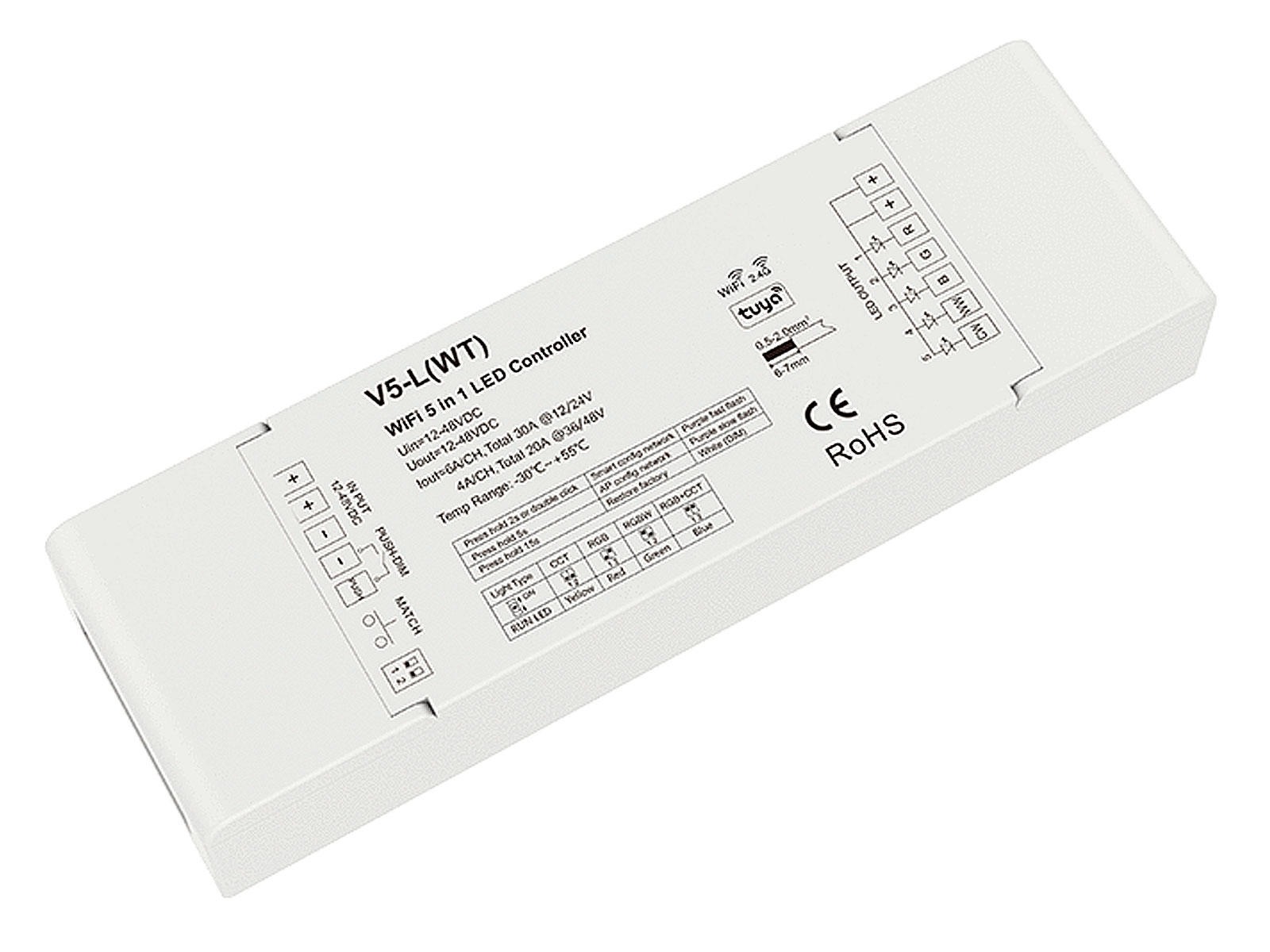 LED 5-kanals controller. WiFi Tuya + RF 2.4GHz + Push-DIM