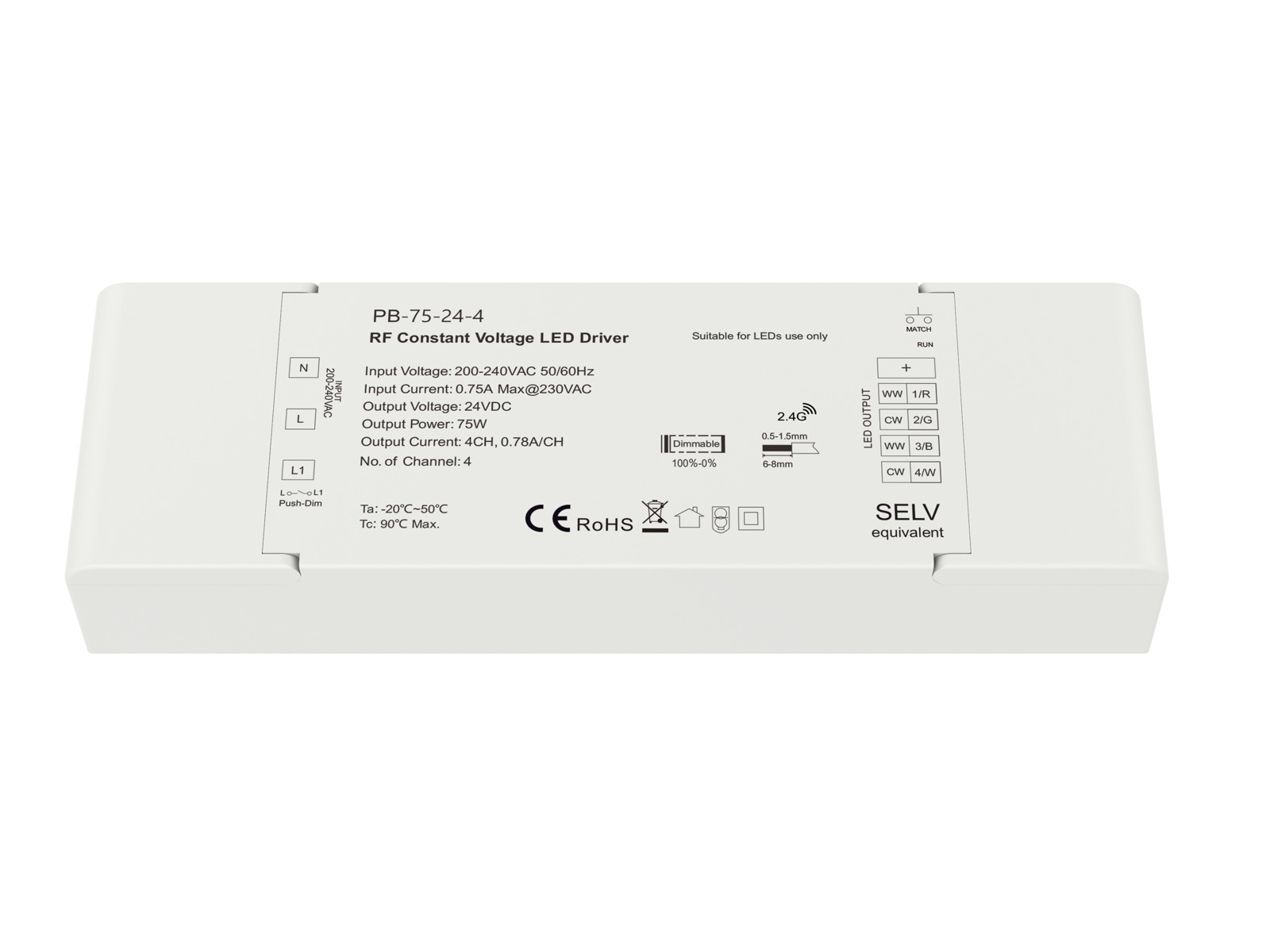 LED 4-kanals driver 24V 75W dæmpbar RF 2.4GHz for trådløs styring + PUSH dæmp