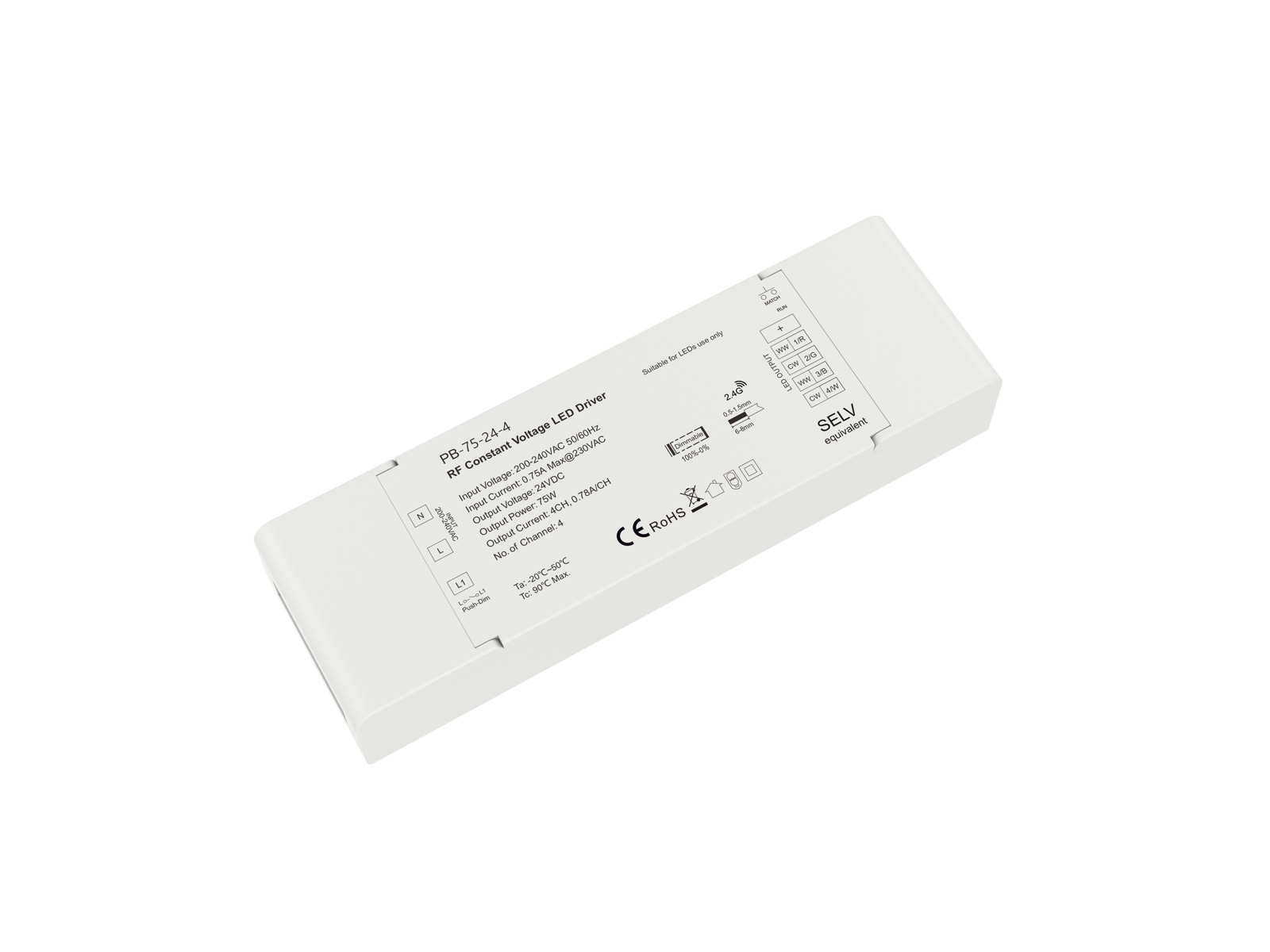 LED 4-kanals driver 24V 75W dæmpbar RF 2.4GHz for trådløs styring + PUSH dæmp