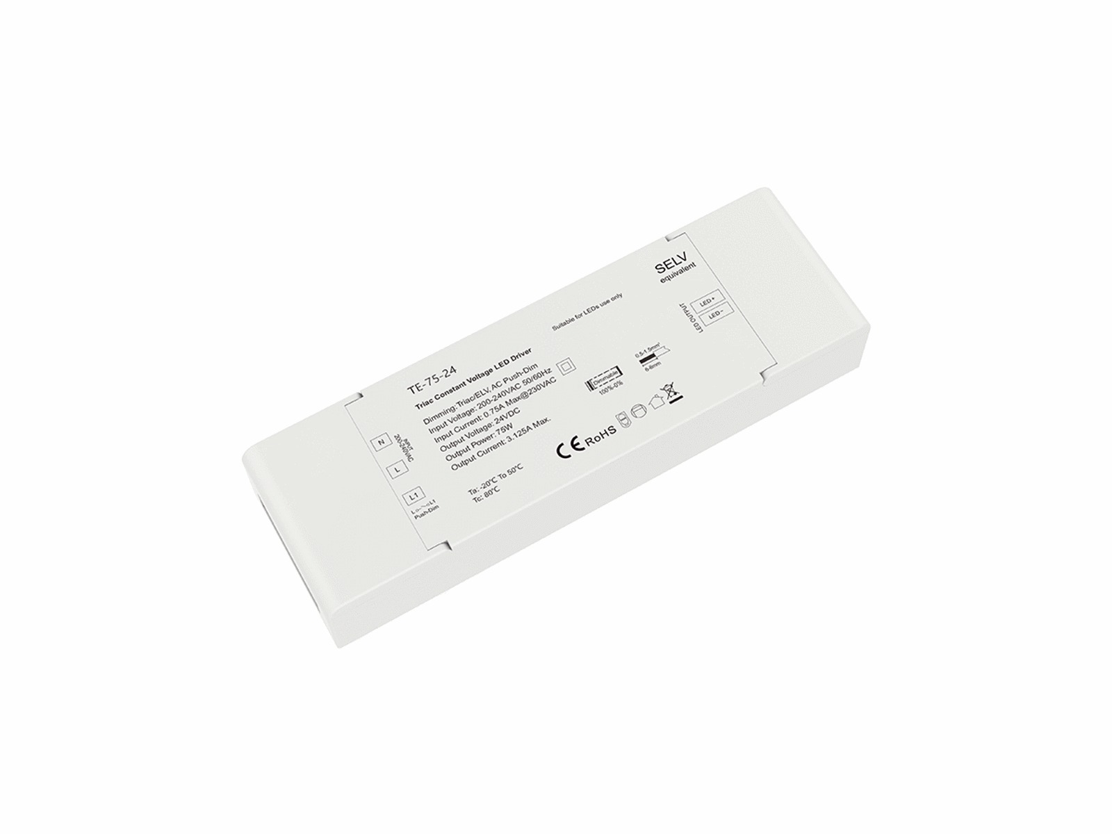 LED driver 24V 75W. Triac/Push dæmpbar. inkl. påmont. AC-stik og DC-stik HAN (35135)