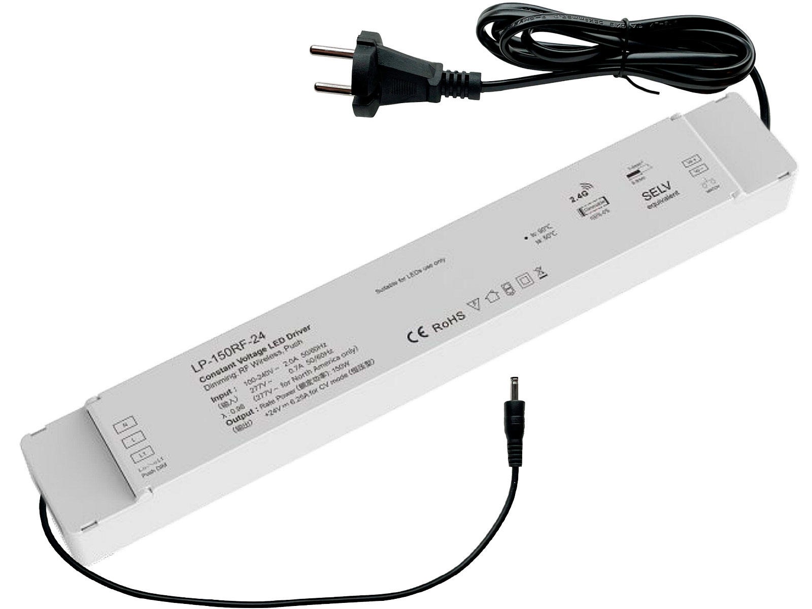 LED driver 24V 150W dæmpbar RF 2.4GHz for trådløs styring + PUSH dæmp. med AC adapter + DC han-adapter monteret