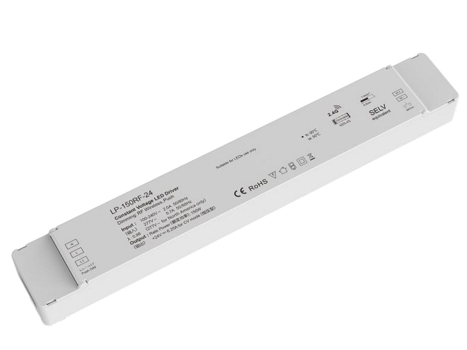 LED driver 24V 150W dæmpbar RF 2.4GHz for trådløs styring + PUSH dæmp. med AC adapter + DC han-adapter monteret