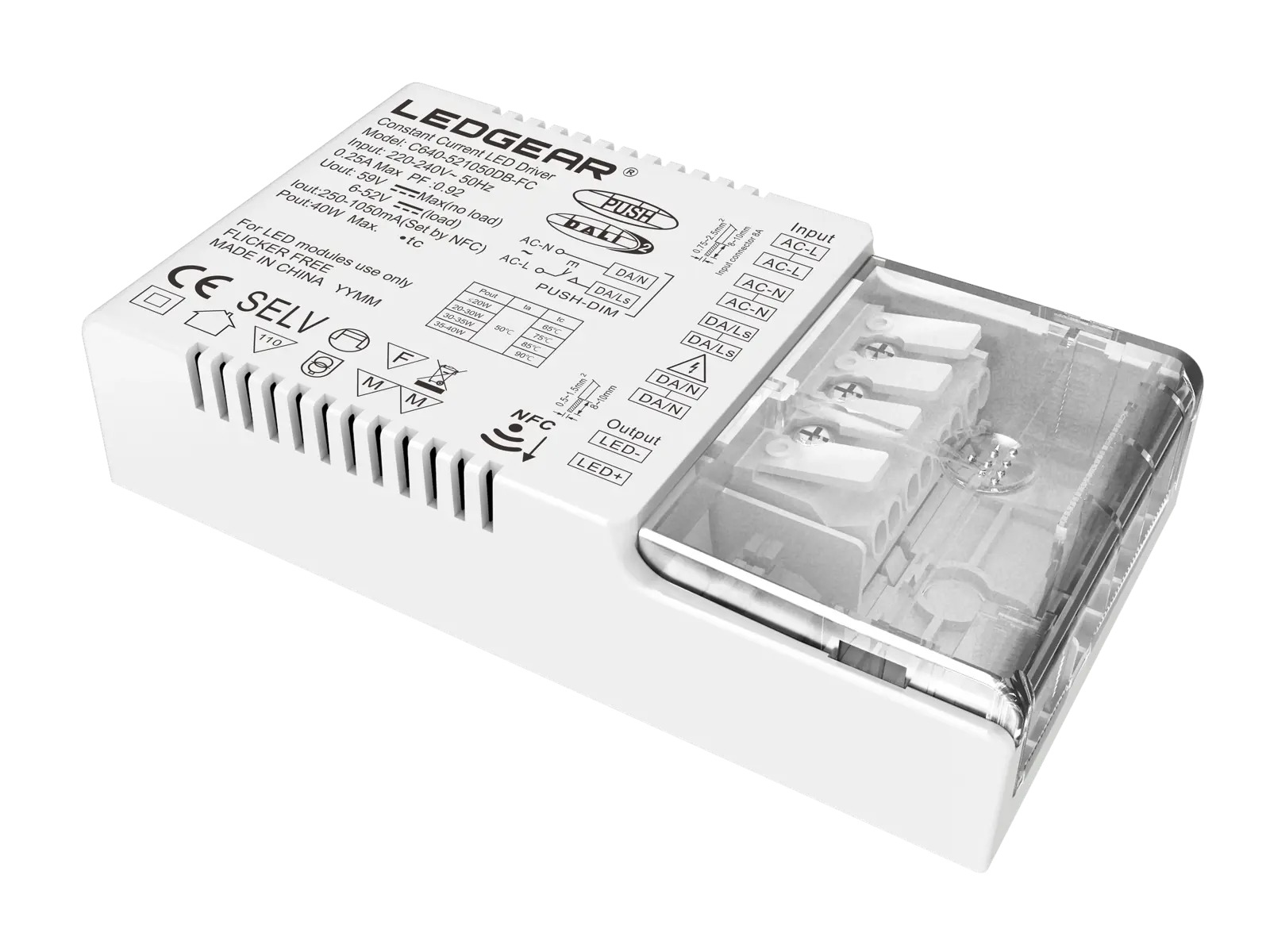 LEDGEAR DALI-2 & PUSH dæmpbar driver 250-1.050mA med NFC. output 30-40V DC. sløjfbar. påmont. panel-adapter