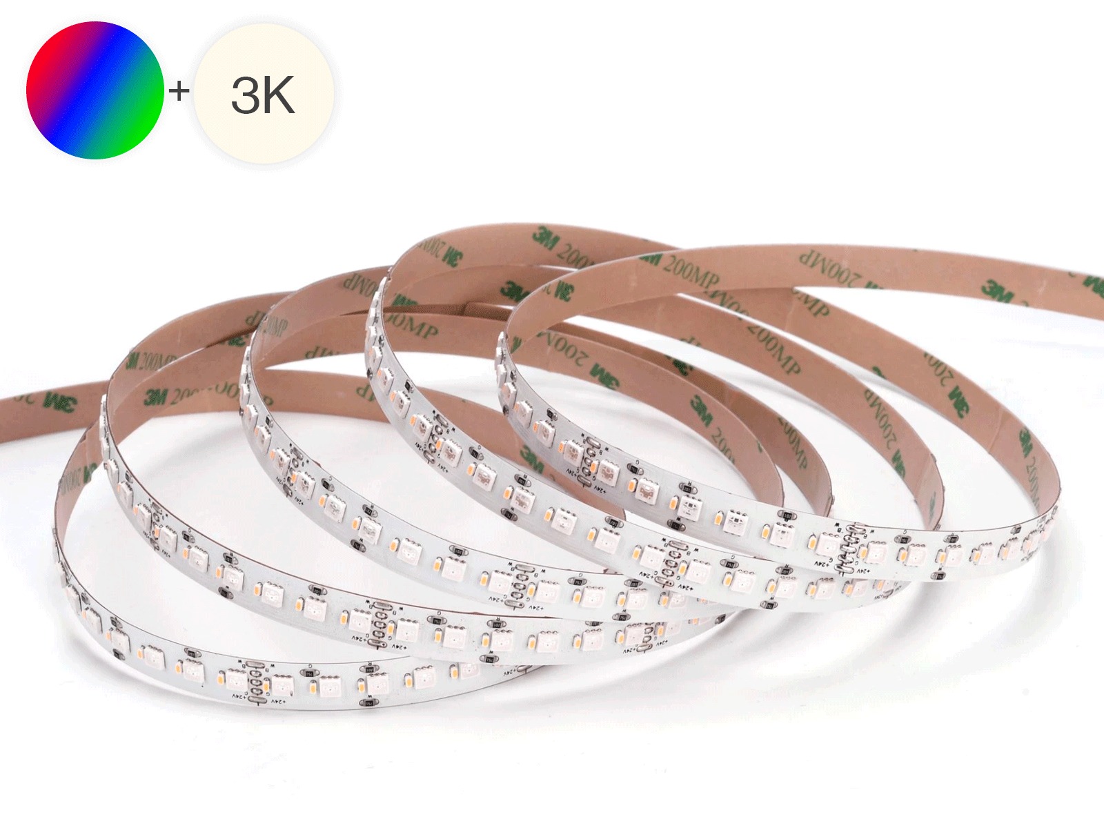 LED TrueColor RGBW strip 10 meter. 24V. 19.2W/m. 240 LED/m. IP20. 2x 20 cm. tilslutning. rød 3M tape