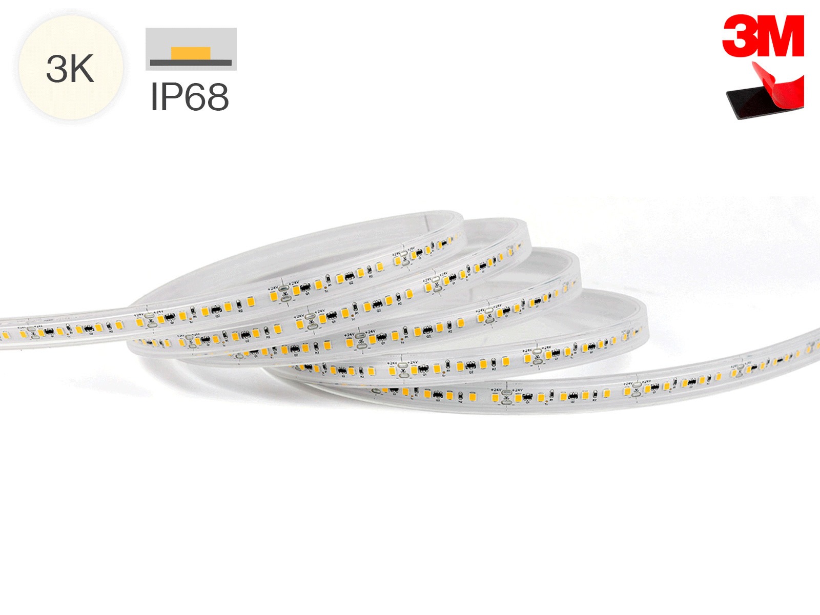 LED TrueColor vandtæt strip. 3000K. 12.8W/m. 120 LED/m. IP68. 24V DC. 3M tape. 2x 20 cm. 0.5mm2 ledning