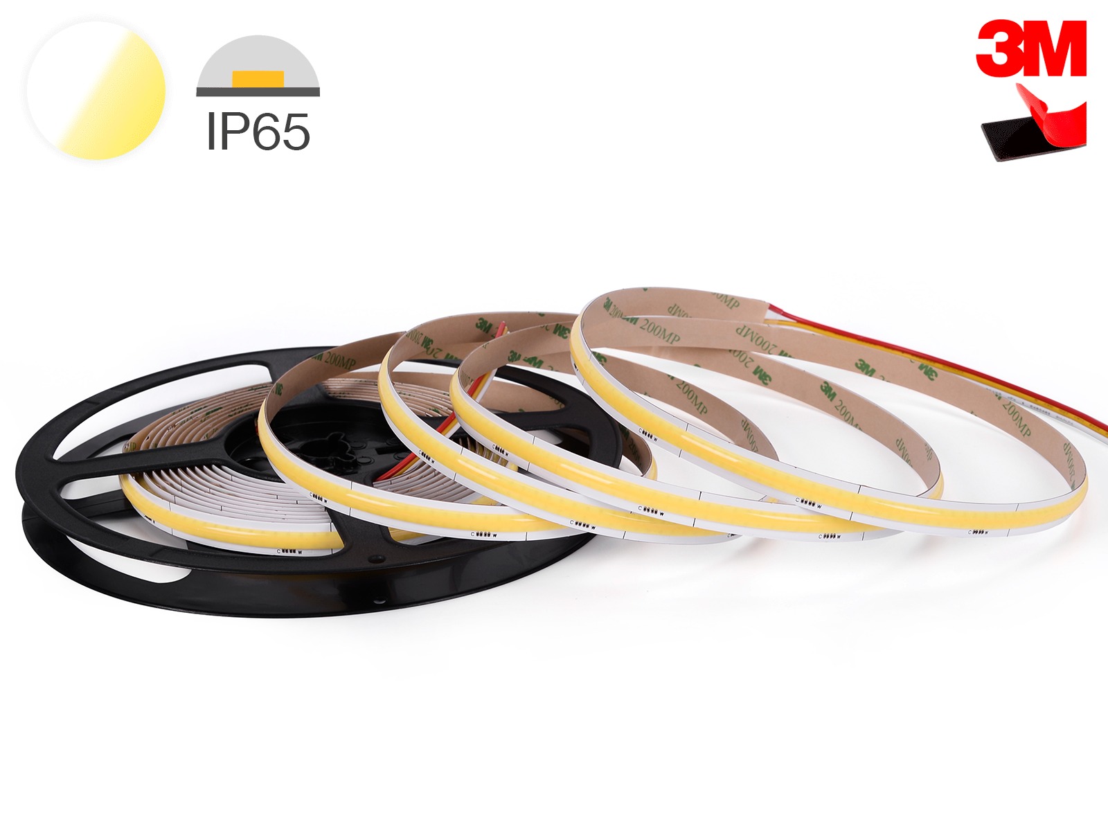LightMore LED COB strip 24V IP65 CTA –24V 2700K-6500K 640led/m 20W 85lm/w CRI>90 10mmPCB 25mm klip - 30cm ledning begge ender. 3M rød tape. 5m