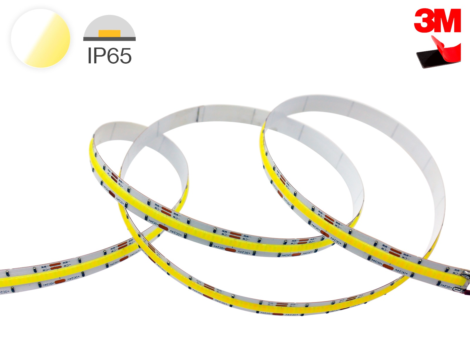 LightMore LED COB strip 24V IP65 CCT–24V 2700K-6500K 640led/m 20W 95lm/w CRI>90 10mmPCB 50mm klip - 30cm ledning begge ender. 3M rød tape. 10m