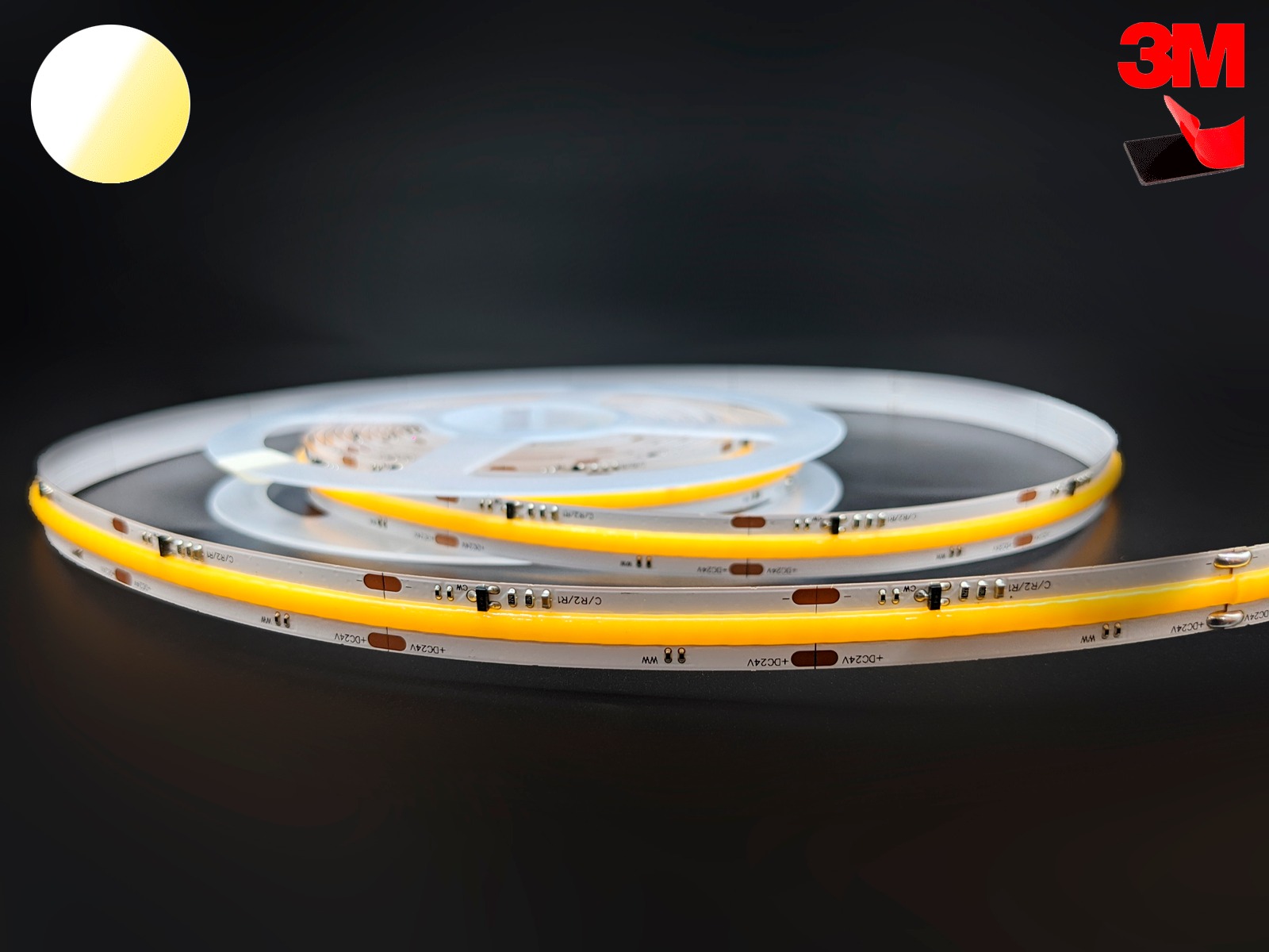 LightMore COB Dim2Warm 2000K-3000K RA95 90lm/W. 24V. 560leds/m. 10mm pcb . 30cm ledning begge ender. rød 3m tape 10m IP20
