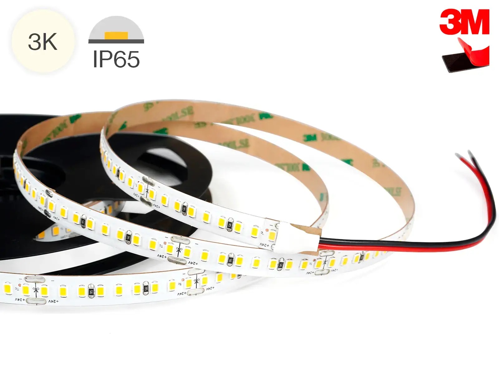 LED strip 12V. 5 m. GUL 5W/m. IP65. 10mm PCB. 50 cm. 0.5mm2 ledning begge ender