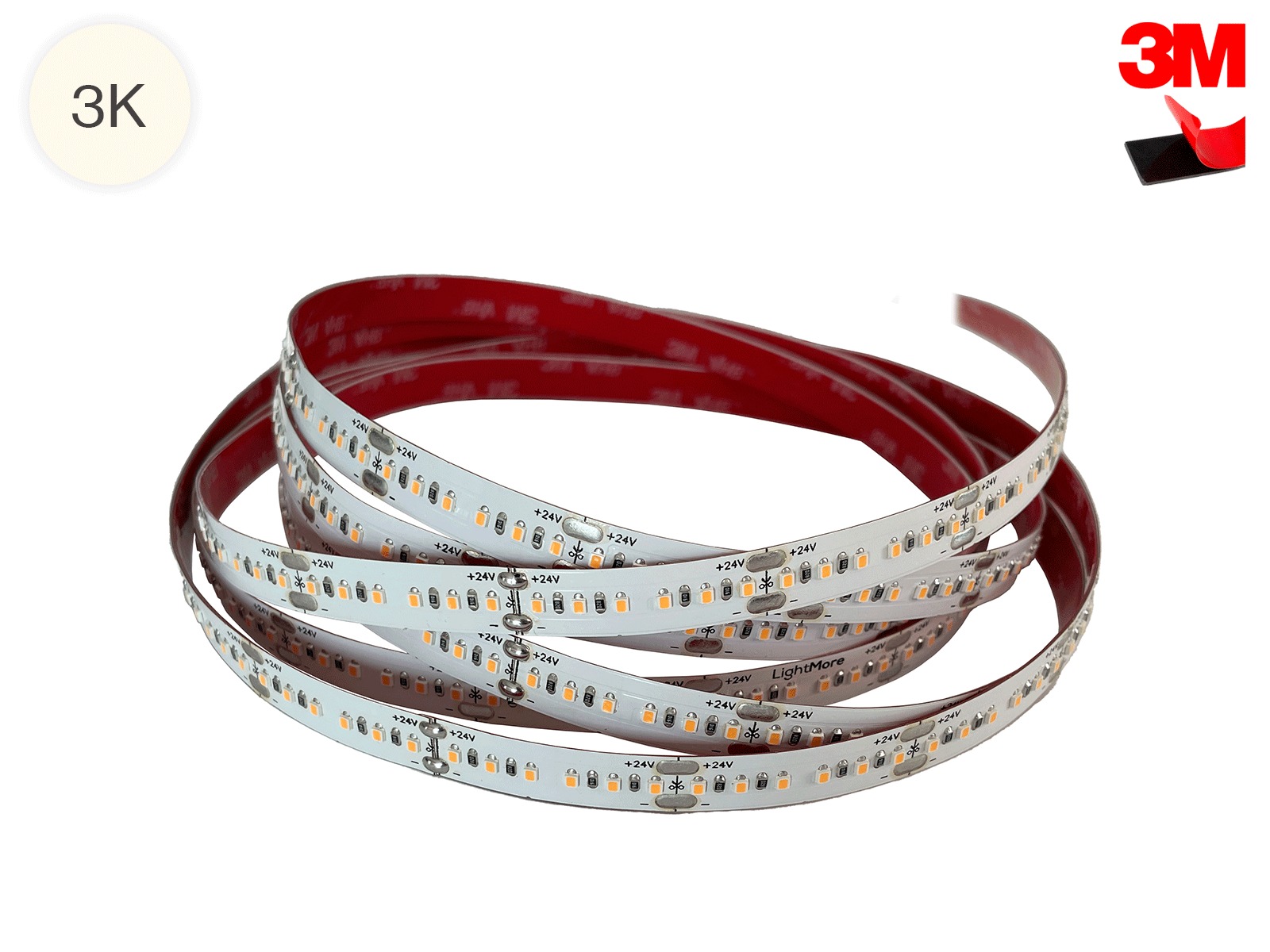 LightMore LED strip 5 m. 14.5W/m. 24V. Ra95. 180LED/m. 3.000K. IP20. 10mm PCB. 20 cm. ledning i begge ender