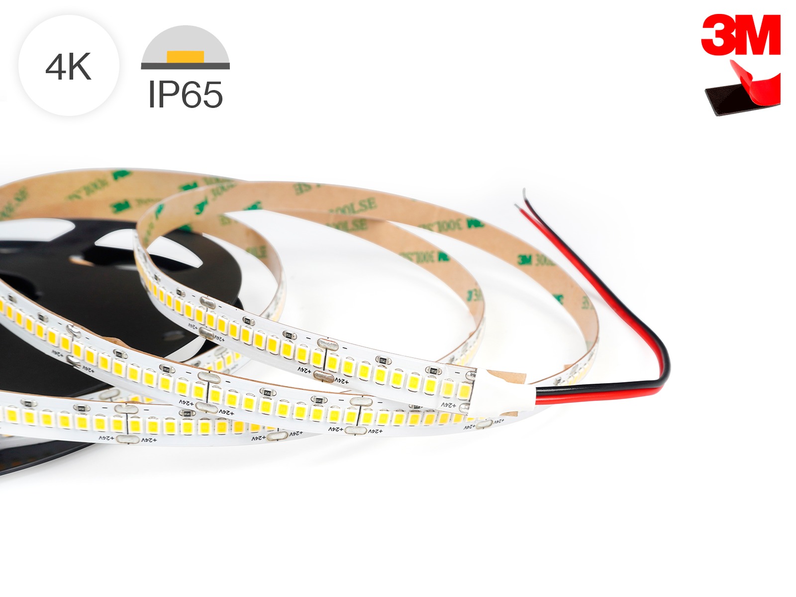 LightMore LED højlumen-strip 10 m. 15.36W/m. 4.000K. 24V. Ra90. 288LED/m. IP65. 10mm PCB. 50 cm. ledning i begge ender