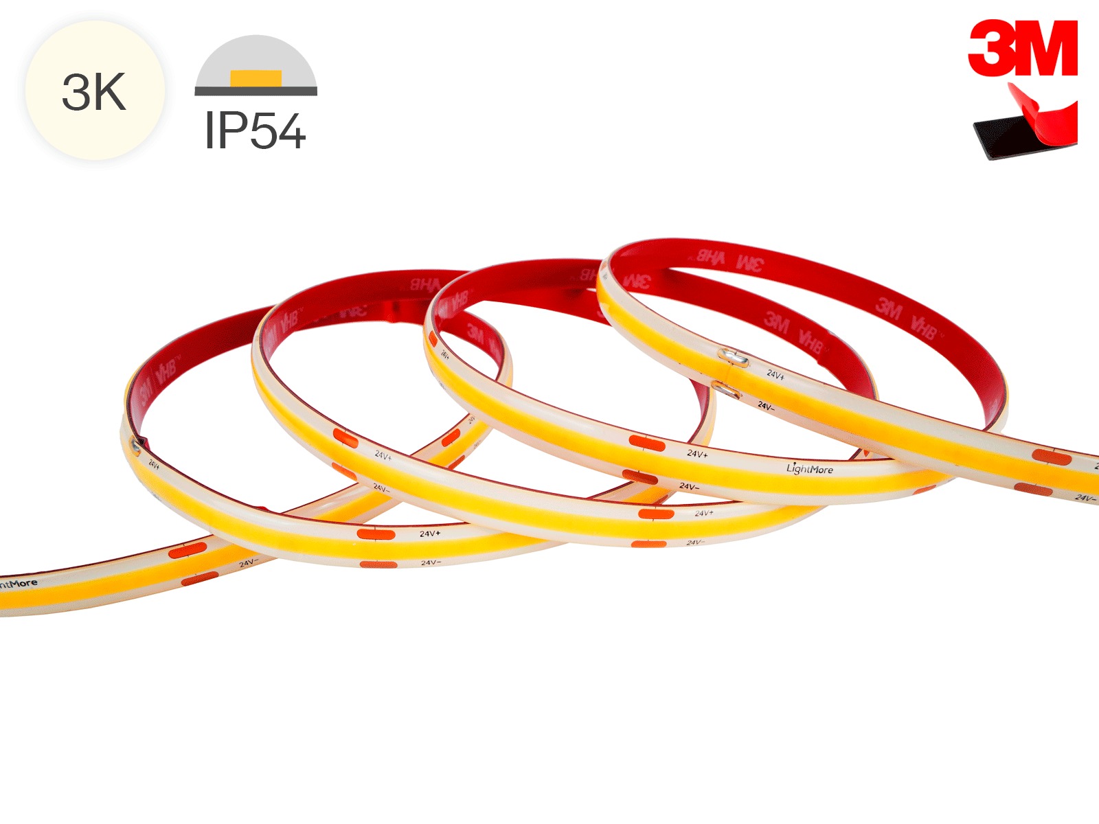 LightMore LED COB strip 5 m. 4.5W/m. 24V. Ra95. 320LED/m. 3000K. IP54. 6mm PCB. 20 cm. ledning i begge ender
