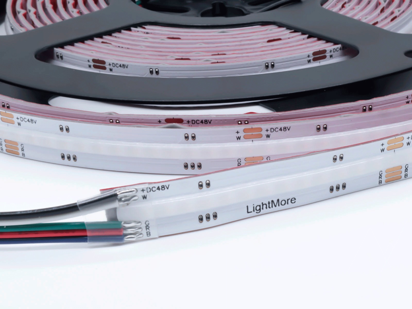 LED TrueColor COB strip RGBW 10 m. 16W/m. 48V. 896LED. RGB+3000K. IP20. 50 cm. 0.5mm2 i begge ender. med rødt 3M tape