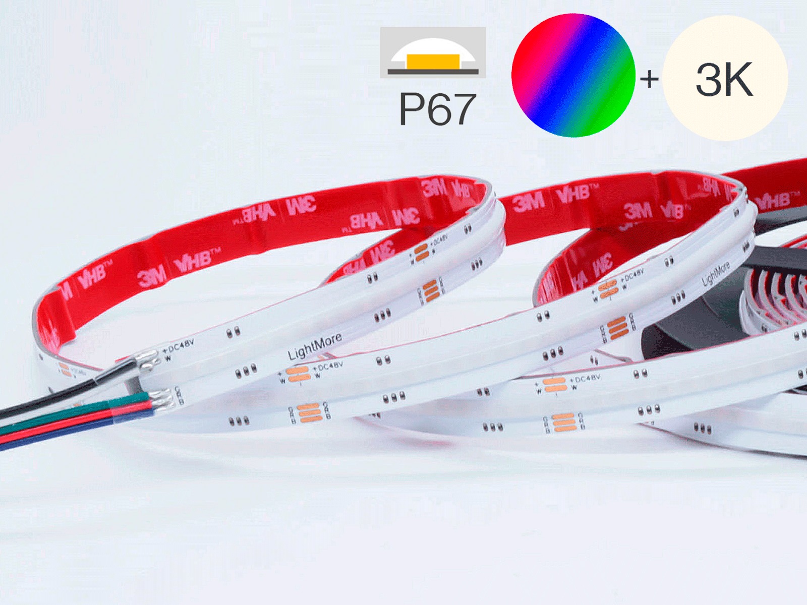 LED TrueColor COB strip RGBW 10 m. 16W/m. 48V. 896LED. RGB+3000K. IP67. 50 cm. 0.5mm2 i begge ender. med rødt 3M tape