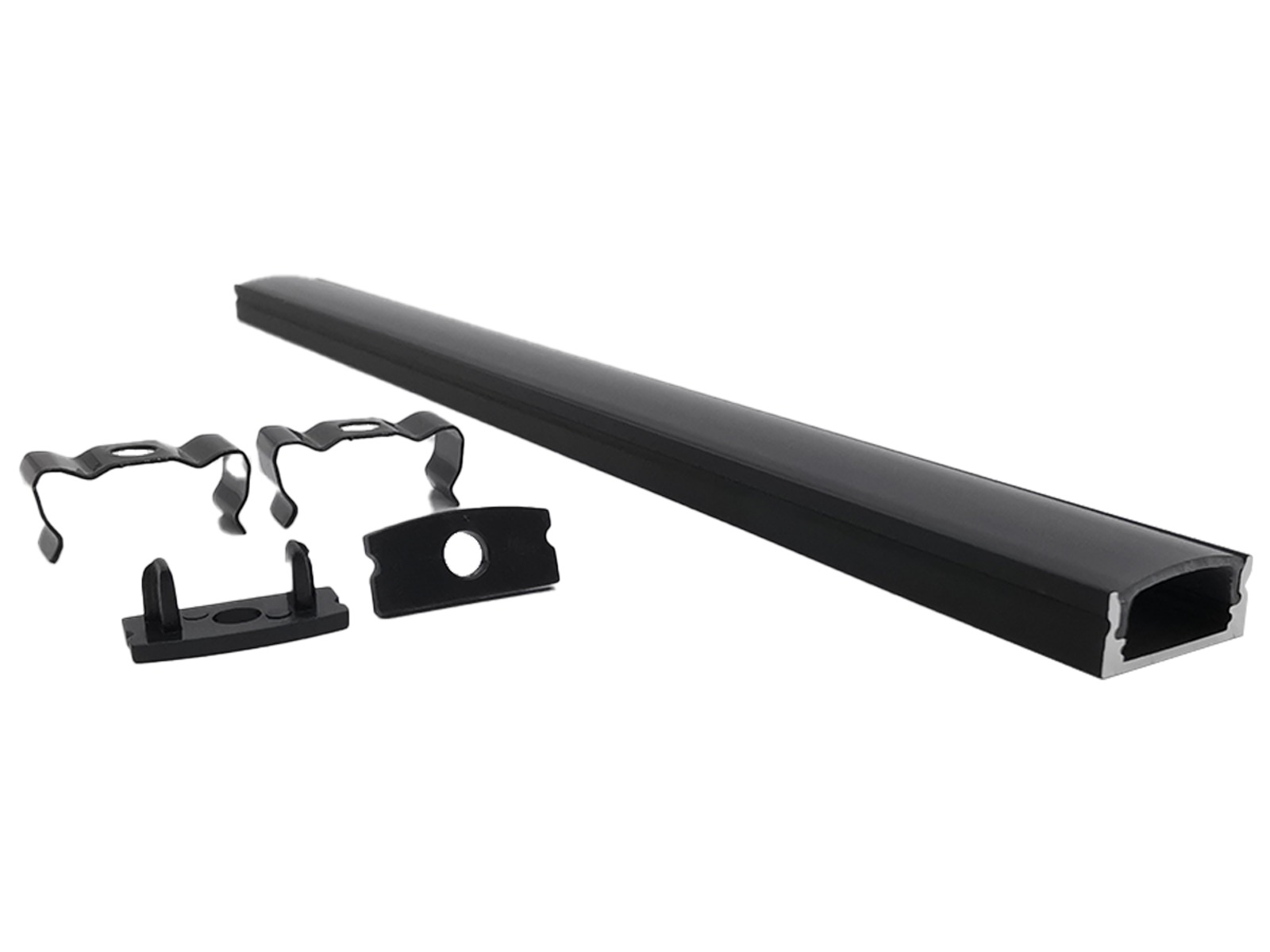 Alu-skinne for LED strip 17x7 mm. sort. 60 cm. inkl. sort matteret cover. 2 sorte mont.clips og sorte endestykker