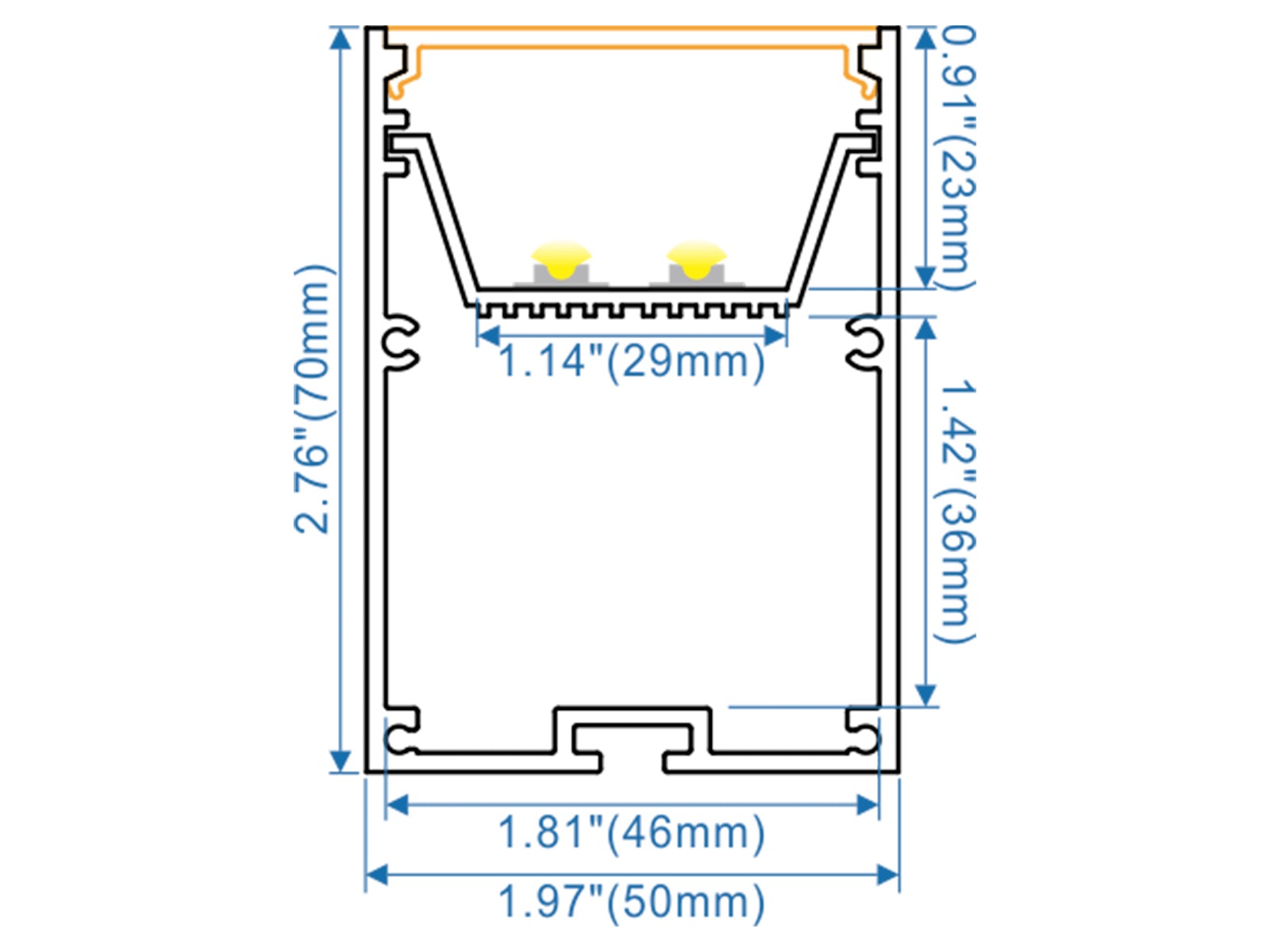 Alu-skinne for LED strip 50x70, sort, 150 cm. inkl. mattere