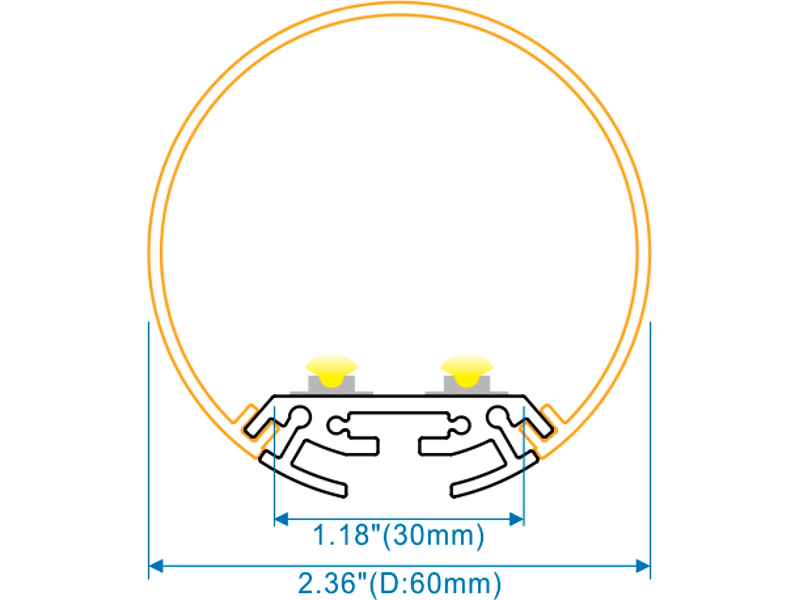 Alu-skinne rund Ø:60mm. for LED strip 100 cm.