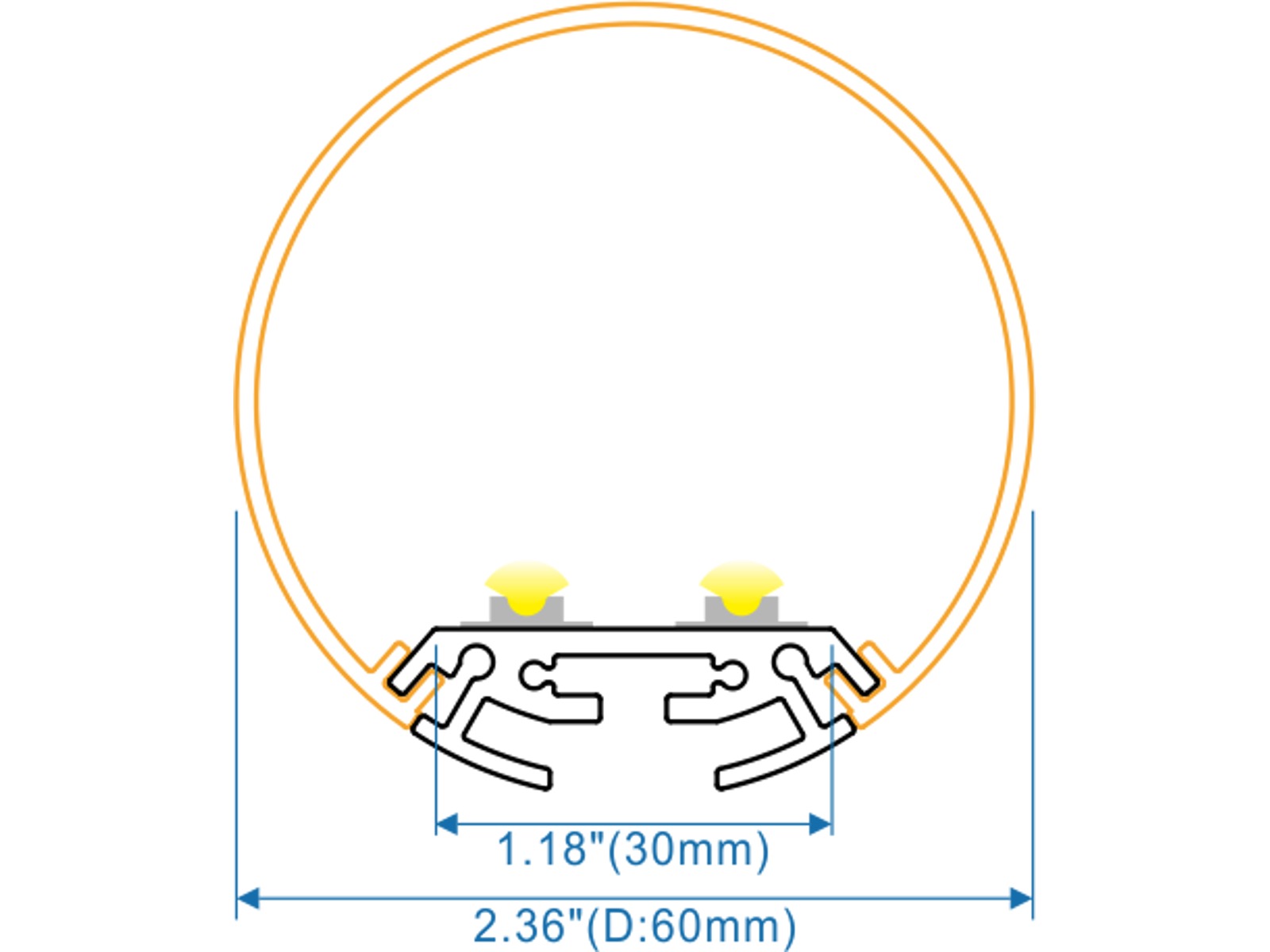Alu-skinne rund Ø:60mm. for LED strip inkl. matteret cover. endestykker og ophængswire (2 stk. 1 m.)