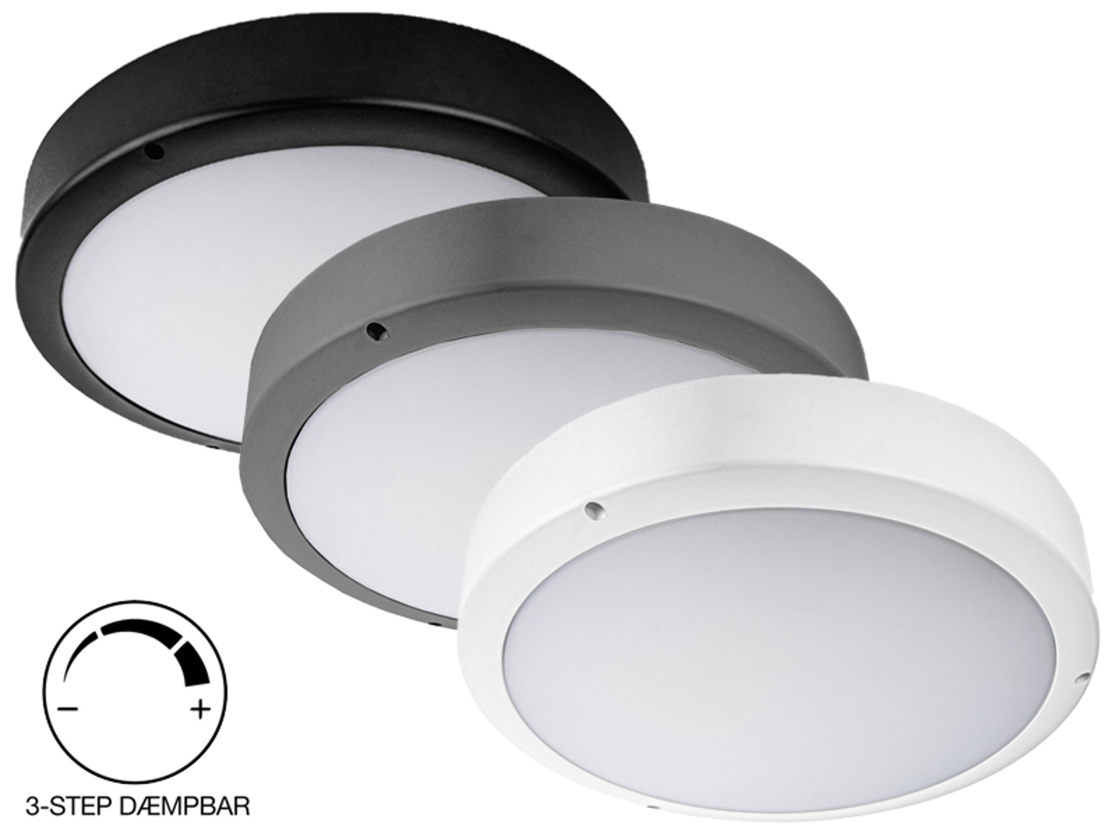 Pragmalux VENUS G2 plafond Ø:370mm. GRÅ eller SORT. 3-step dæmpbar add-on. m/CCT switch 3000K-5000K. IP65. 7W-16W